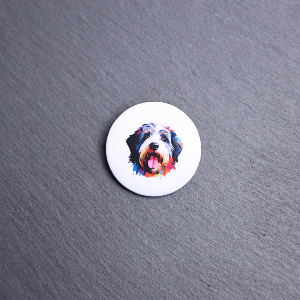 Old English Sheepdog Watercolor Button. These buttons are made with photo paper, metal round, and metal backing. These buttons are vibrant and fun to use on bags or vests.