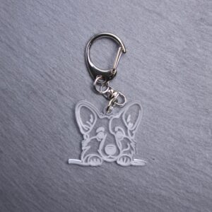 Pembroke Welsh Corgi Bag Tag. This bag tag is made with engraved acrylic. Comes with lobster clasp topper that easily hooks to a bag, zippers, keychains,