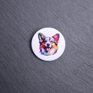 Pembroke Welsh Corgi Watercolor Button. These buttons are made with photo paper, metal round, and metal backing. These buttons are vibrant and fun to use on bags or vests.
