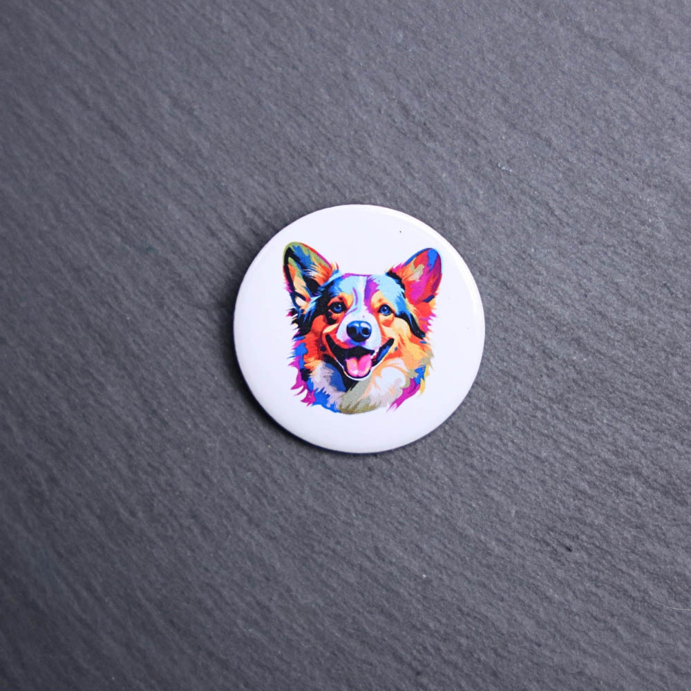 Pembroke Welsh Corgi Watercolor Button. These buttons are made with photo paper, metal round, and metal backing. These buttons are vibrant and fun to use on bags or vests.