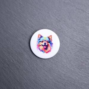 Pomeranian Watercolor Button. These buttons are made with photo paper, metal round, and metal backing. These buttons are vibrant and fun to use on bags or vests.