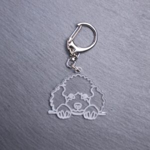 Poodle Bag Tag. This bag tag is made with engraved acrylic. Comes with lobster clasp topper that easily hooks to a bag, zippers, keychains,