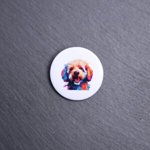 Poodle Watercolor Button. These buttons are made with photo paper, metal round, and metal backing. These buttons are vibrant and fun to use on bags or vests.