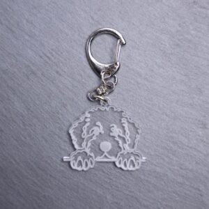 Portuguese Water Dog Bag Tag. This bag tag is made with engraved acrylic. Comes with lobster clasp topper that easily hooks to a bag, zippers, keychains,