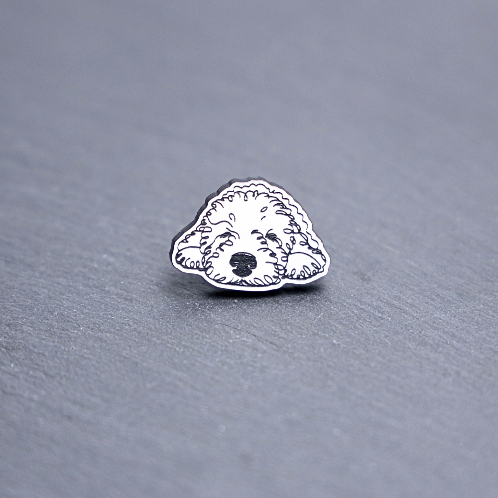 Portuguese Water Dog Engraved Acrylic Pin. These acrylic pins are made with engraved cast acrylic. These pins are white and black with a black pin back.