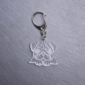 Pug Bag Tag. This bag tag is made with engraved acrylic. Comes with lobster clasp topper that easily hooks to a bag, zippers, keychains,