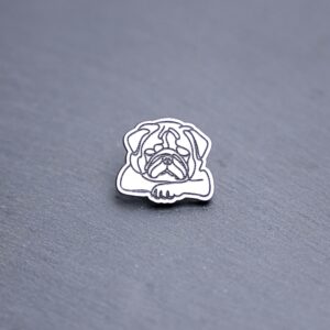 Pug Engraved Acrylic Pin. These acrylic pins are made with engraved cast acrylic. These pins are white and black with a black pin back.