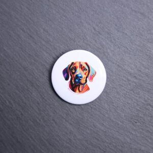 Rhodesian Ridgeback Watercolor Button. These buttons are made with photo paper, metal round, and metal backing. These buttons are vibrant and fun to use on bags or vests.