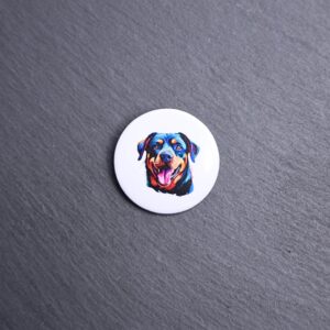 Rottweiler Watercolor Button. These buttons are made with photo paper, metal round, and metal backing. These buttons are vibrant and fun to use on bags or vests.