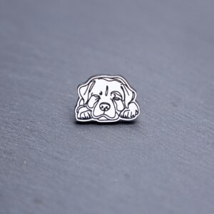 Rottweiler Engraved Acrylic Pin. These acrylic pins are made with engraved cast acrylic. These pins are white and black with a black pin back.
