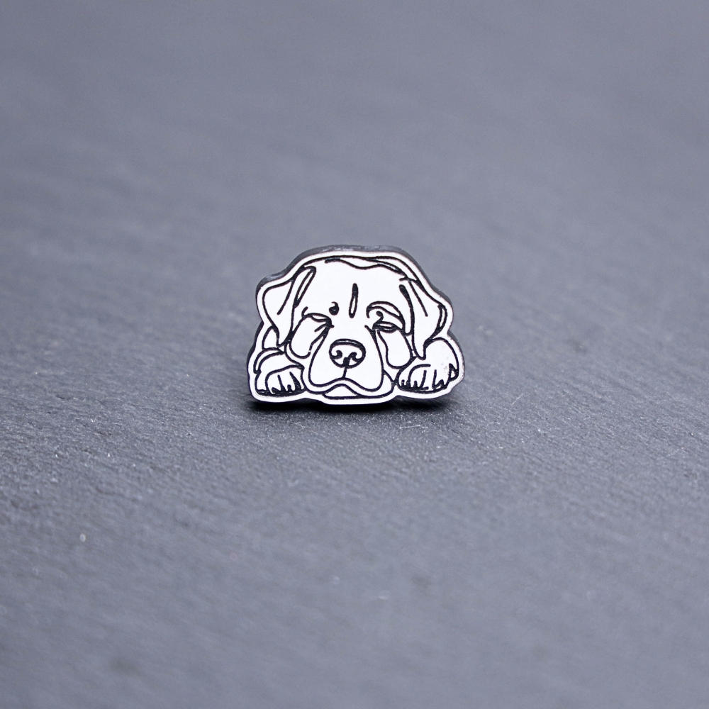 Rottweiler Engraved Acrylic Pin. These acrylic pins are made with engraved cast acrylic. These pins are white and black with a black pin back.