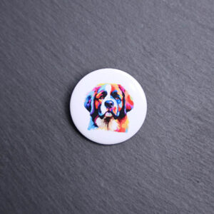Saint Bernard Watercolor Button. These buttons are made with photo paper, metal round, and metal backing. These buttons are vibrant and fun to use on bags or vests.