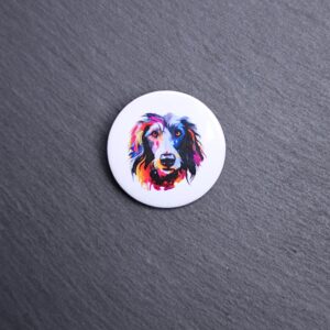 Scottish Deerhound Watercolor Button. These buttons are made with photo paper, metal round, and metal backing. These buttons are vibrant and fun to use on bags or vests.