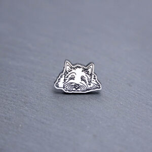 Scottish Terrier Engraved Acrylic Pin. These acrylic pins are made with engraved cast acrylic. These pins are white and black with a black pin back.