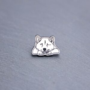 Shiba Inu Engraved Acrylic Pin. These acrylic pins are made with engraved cast acrylic. These pins are white and black with a black pin back.
