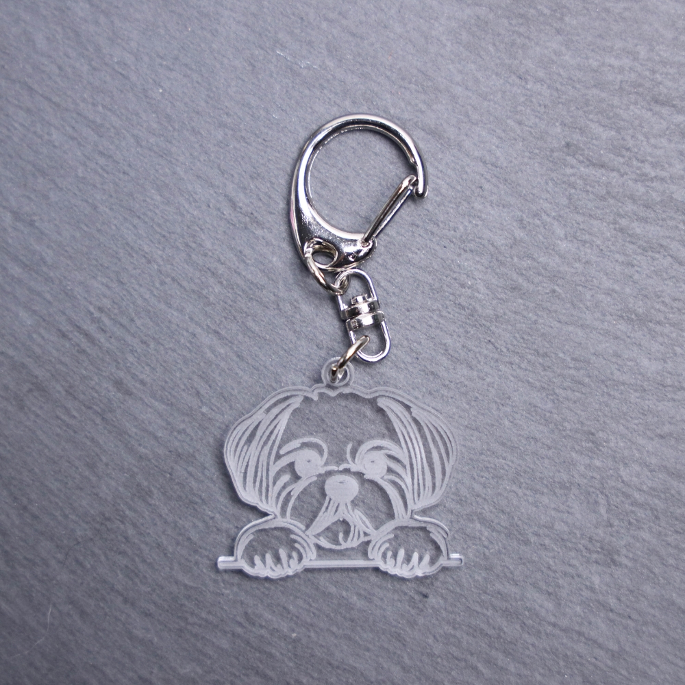 Shih Tzu Bag Tag. This bag tag is made with engraved acrylic. Comes with lobster clasp topper that easily hooks to a bag, zippers, keychains,
