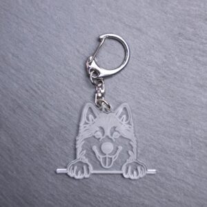Siberian Husky Bag Tag. This bag tag is made with engraved acrylic. Comes with lobster clasp topper that easily hooks to a bag, zippers, keychains,