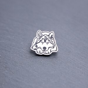 Siberian Husky Engraved Acrylic Pin. These acrylic pins are made with engraved cast acrylic. These pins are white and black with a black pin back.