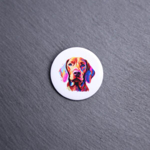 Vizsla Watercolor Button. These buttons are made with photo paper, metal round, and metal backing. These buttons are vibrant and fun to use on bags or vests.