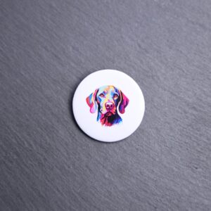 Weimaraner Watercolor Button. These buttons are made with photo paper, metal round, and metal backing. These buttons are vibrant and fun to use on bags or vests.