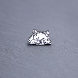 West Highland Terrier Engraved Acrylic Pin. These acrylic pins are made with engraved cast acrylic. These pins are white and black with a black pin back.