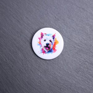 West Highland White Terrier Watercolor Button. These buttons are made with photo paper, metal round, and metal backing. These buttons are vibrant and fun to use on bags or vests.