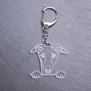 Whippet Bag Tag. This bag tag is made with engraved acrylic. Comes with lobster clasp topper that easily hooks to a bag, zippers, keychains,