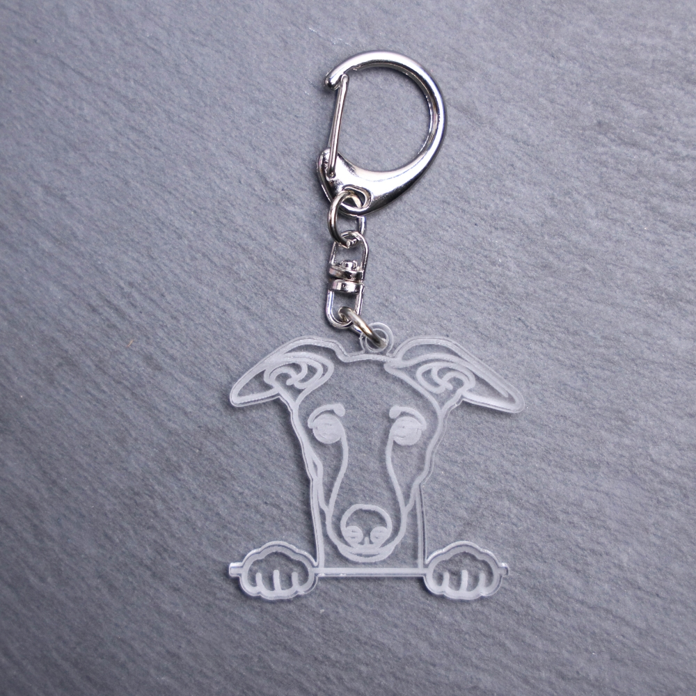 Whippet Bag Tag. This bag tag is made with engraved acrylic. Comes with lobster clasp topper that easily hooks to a bag, zippers, keychains,
