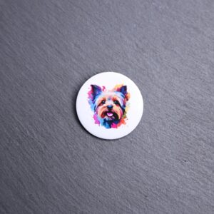 Yorkshire Terrier Watercolor Button. These buttons are made with photo paper, metal round, and metal backing. These buttons are vibrant and fun to use on bags or vests.