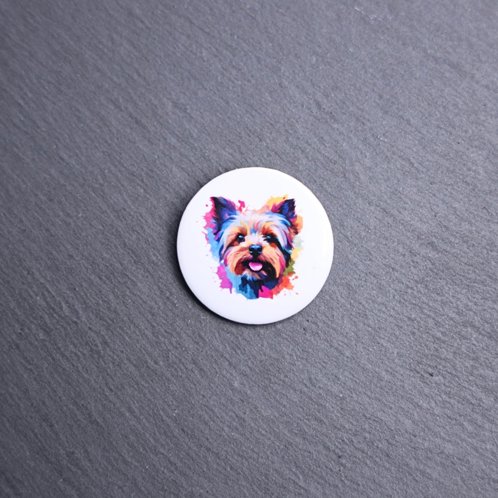 Yorkshire Terrier Watercolor Button. These buttons are made with photo paper, metal round, and metal backing. These buttons are vibrant and fun to use on bags or vests.