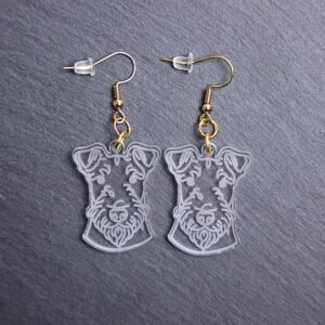 Airedale Terrier Earrings. These earrings are made with engraved acrylic. Comes with gold hooks that is nickel free. Adorable dangle earrings for dog lovers.