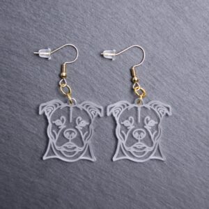 American Staffordshire Terrier Earrings. These earrings are made with engraved acrylic. Comes with gold hooks that is nickel free. Adorable dangle earrings for dog lovers.