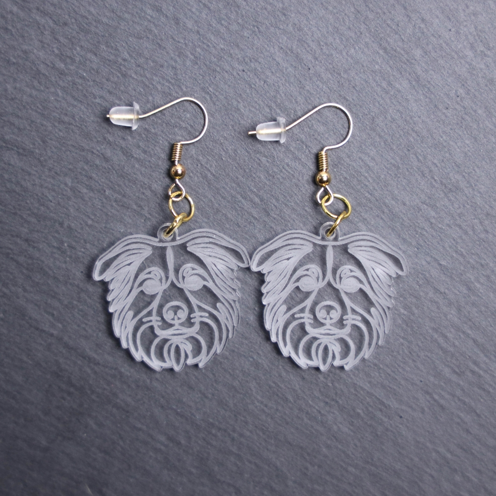 Australian Shepherd Earrings. These earrings are made with engraved acrylic. Comes with gold hooks that is nickel free. Adorable dangle earrings for dog lovers.