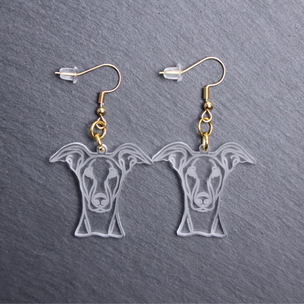 Azawakh Earrings. These earrings are made with engraved acrylic. Comes with gold hooks that is nickel free. Adorable dangle earrings for dog lovers.