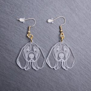 Bassador Earrings. These earrings are made with engraved acrylic. Comes with gold hooks that is nickel free. Adorable dangle earrings for dog lovers.