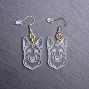 Belgian Groenendael Sheepdog Earrings. These earrings are made with engraved acrylic. Comes with gold hooks that is nickel free. Adorable dangle earrings for dog lovers.