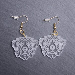 Bernese Mountain Dog Earrings. These earrings are made with engraved acrylic. Comes with gold hooks that is nickel free. Adorable dangle earrings for dog lovers.