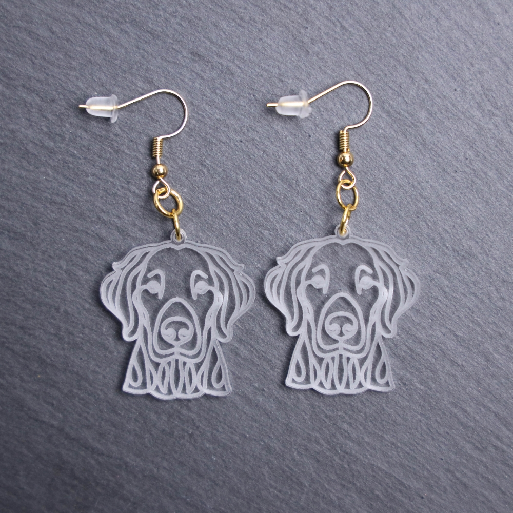 Blue Lacy Earrings. These earrings are made with engraved acrylic. Comes with gold hooks that is nickel free. Adorable dangle earrings for dog lovers.