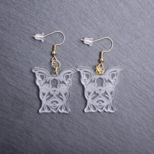 Boston Terrier Earrings. These earrings are made with engraved acrylic. Comes with gold hooks that is nickel free. Adorable dangle earrings for dog lovers.