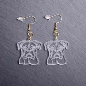 Boxer Earrings. These earrings are made with engraved acrylic. Comes with gold hooks that is nickel free. Adorable dangle earrings for dog lovers.
