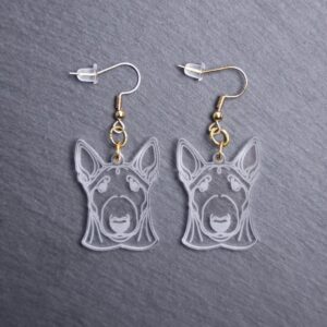 Bull Terrier Earrings. These earrings are made with engraved acrylic. Comes with gold hooks that is nickel free. Adorable dangle earrings for dog lovers.