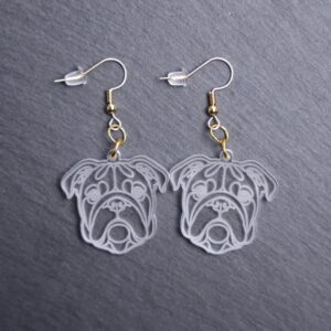 Bulldog Earrings. These earrings are made with engraved acrylic. Comes with gold hooks that is nickel free. Adorable dangle earrings for dog lovers.