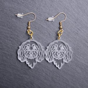Cockapoo Earrings. These earrings are made with engraved acrylic. Comes with gold hooks that is nickel free. Adorable dangle earrings for dog lovers.