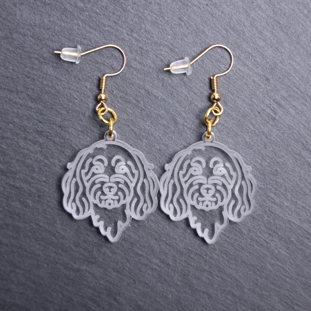 Cockapoo Earrings. These earrings are made with engraved acrylic. Comes with gold hooks that is nickel free. Adorable dangle earrings for dog lovers.