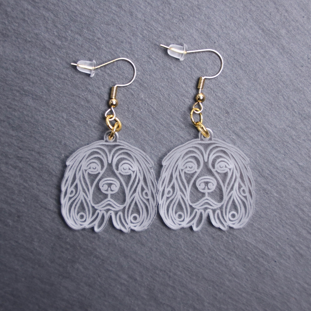 Cocker Spaniel Earrings. These earrings are made with engraved acrylic. Comes with gold hooks that is nickel free. Adorable dangle earrings for dog lovers.