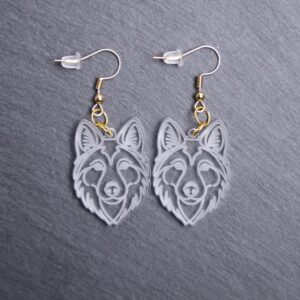 Czech Wolf Dog Earrings. These earrings are made with engraved acrylic. Comes with gold hooks that is nickel free. Adorable dangle earrings for dog lovers.