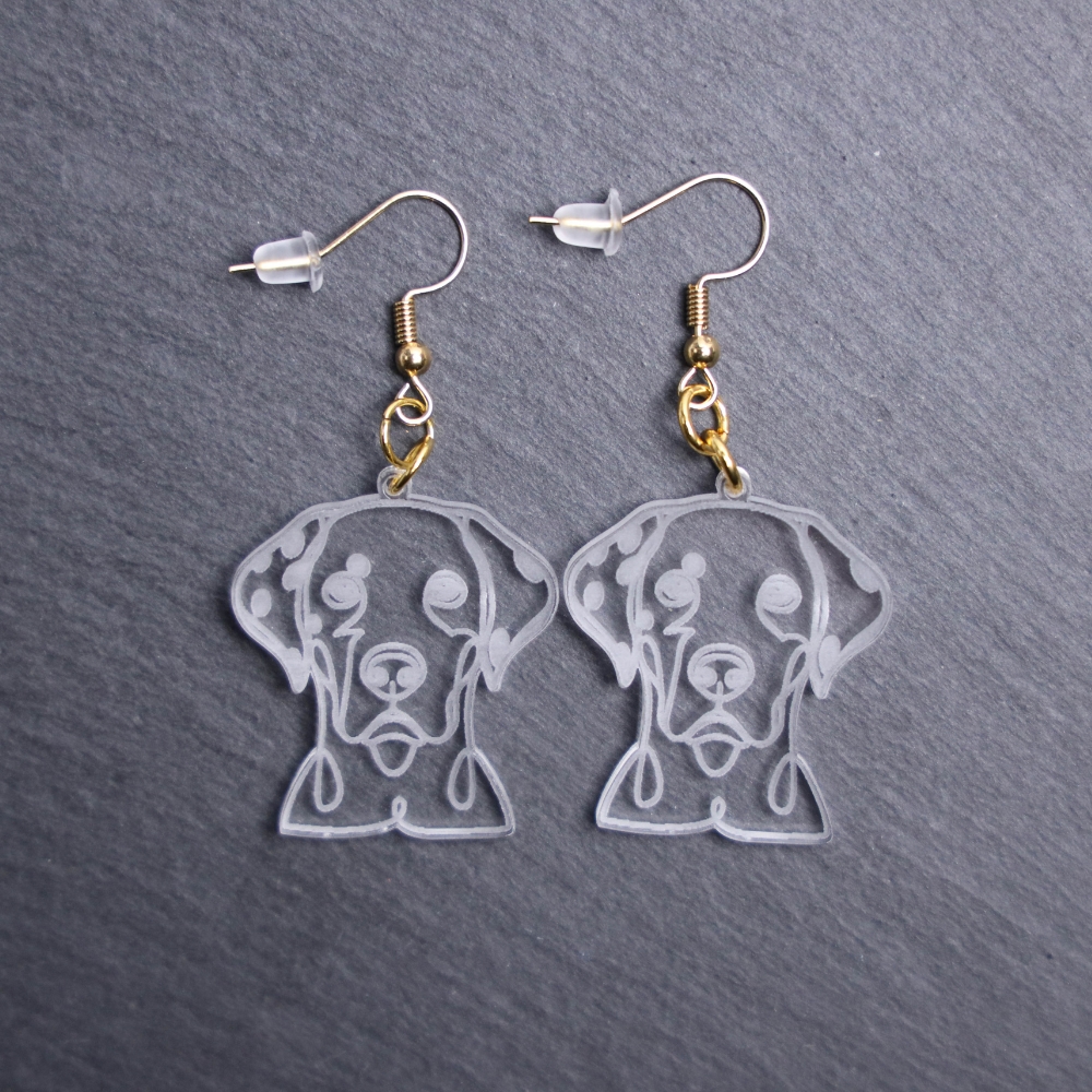 Dalmador Earrings. These earrings are made with engraved acrylic. Comes with gold hooks that is nickel free. Adorable dangle earrings for dog lovers.