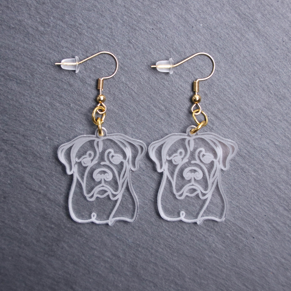 Dogo Argentino Earrings. These earrings are made with engraved acrylic. Comes with gold hooks that is nickel free. Adorable dangle earrings for dog lovers.