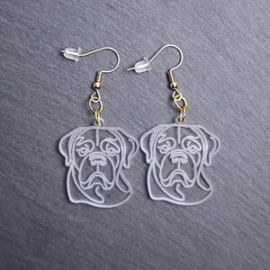 Dogue de Bordeaux Earrings. These earrings are made with engraved acrylic. Comes with gold hooks that is nickel free. Adorable dangle earrings for dog lovers.