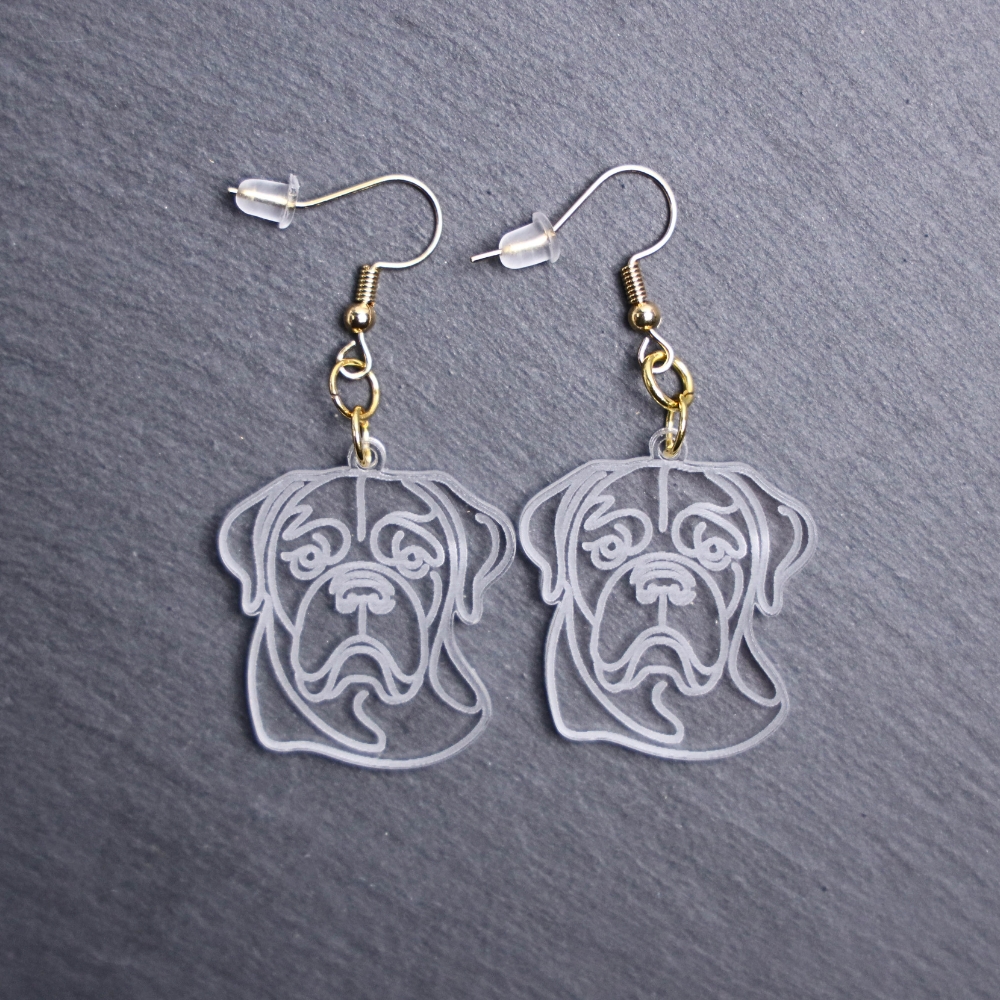 Dogue de Bordeaux Earrings. These earrings are made with engraved acrylic. Comes with gold hooks that is nickel free. Adorable dangle earrings for dog lovers.